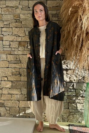 Oriental Bloom Longline Gilet Jacket Navy 